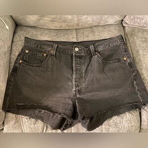 Levi’s 501 Black Denim Distressed Buttonfly Shorts Size 34” Waist